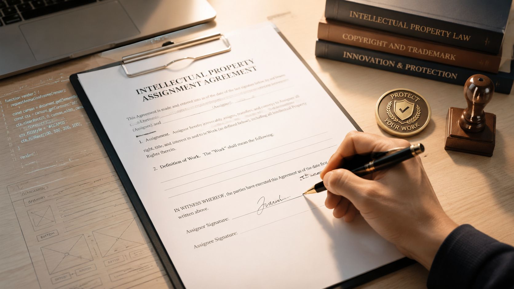 A professional hand signing an intellectual property assignment agreement document on a wooden desk with law books.