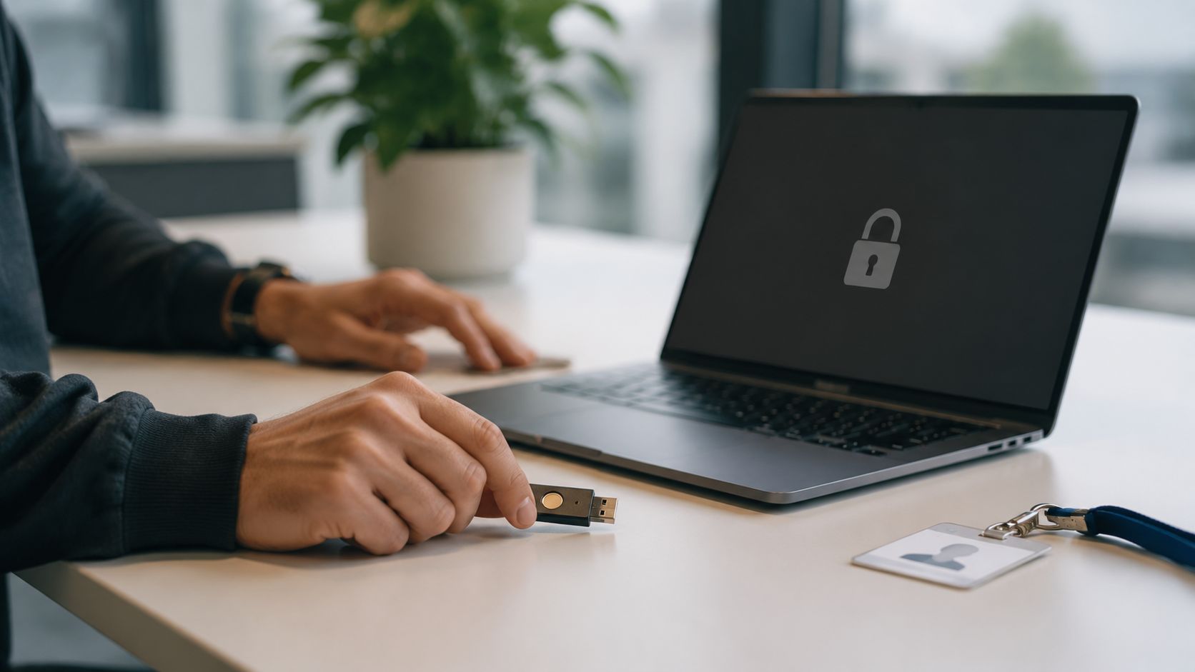 A person preparing to secure their company laptop with a USB security key during the offboarding process.