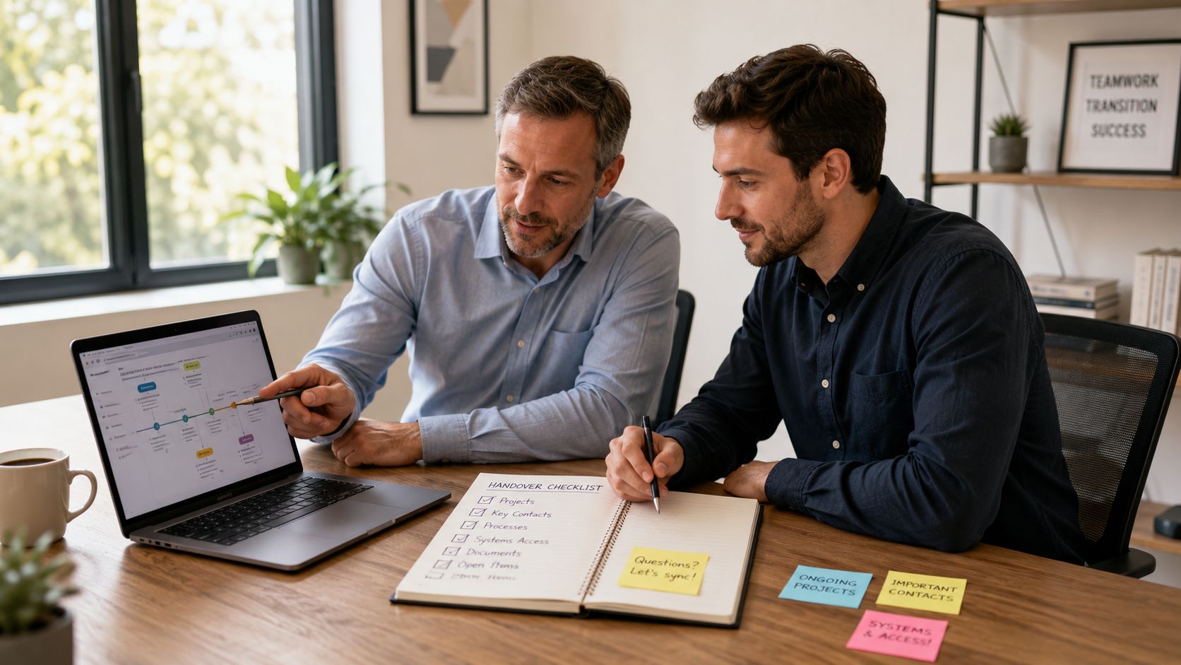 Two colleagues reviewing an employee offboarding checklist and workflow on a laptop during an office meeting.