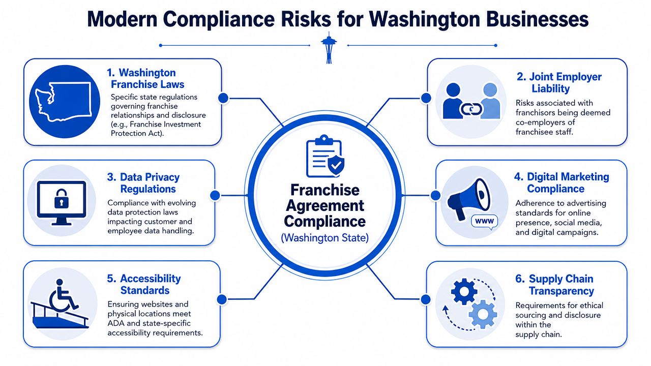 An infographic titled Modern Compliance Risks for Washington Businesses showing six key areas for franchise legal compliance.