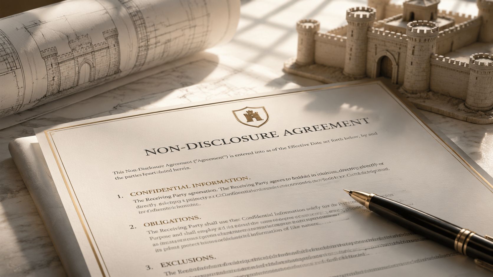 A professional document with a Non-Disclosure Agreement title placed on a desk next to architectural drawings and a model castle.