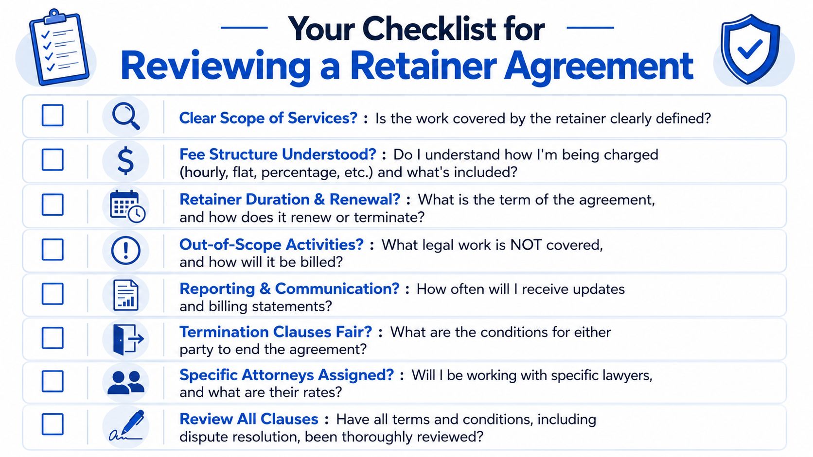 A checklist infographic outlining key considerations when reviewing a legal retainer agreement before signing.