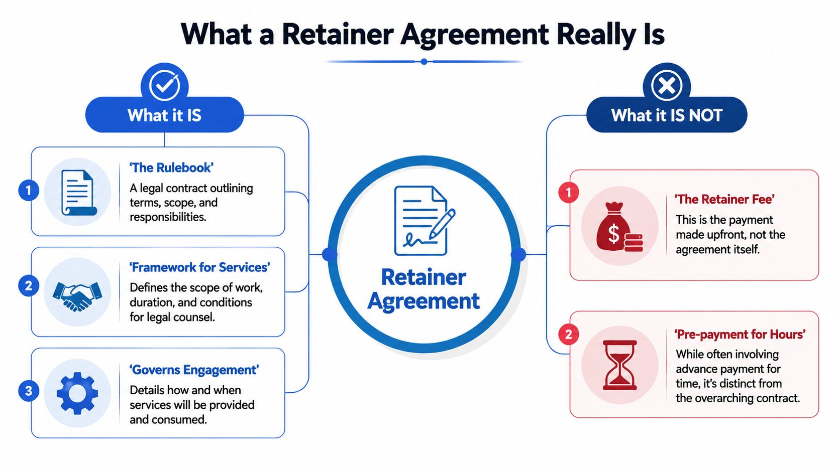 A diagram clarifying what a legal retainer agreement is versus common misconceptions about retainer fees and payments.