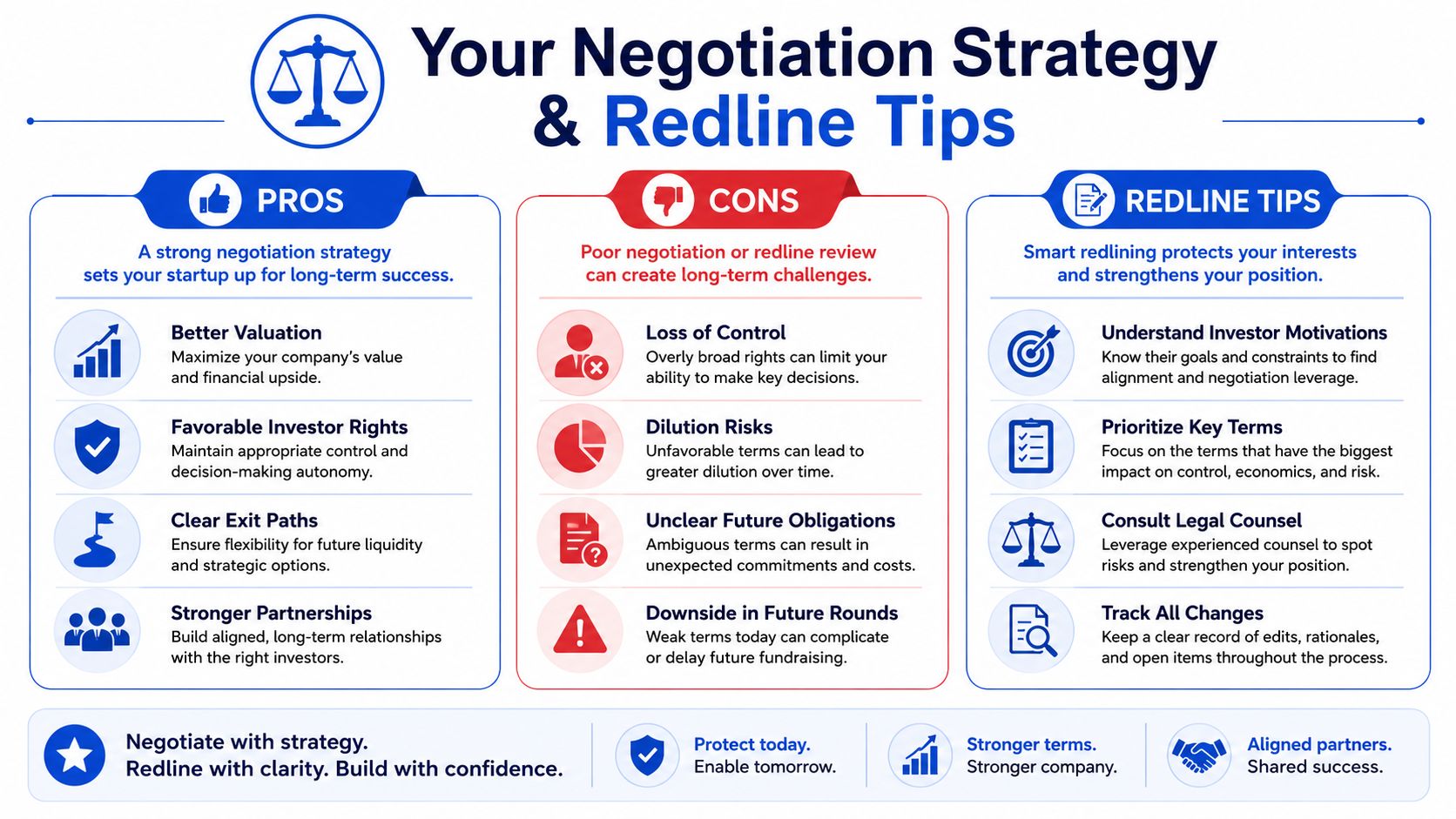 An infographic titled Your Negotiation Strategy and Redline Tips detailing pros, cons, and best practices for startups.