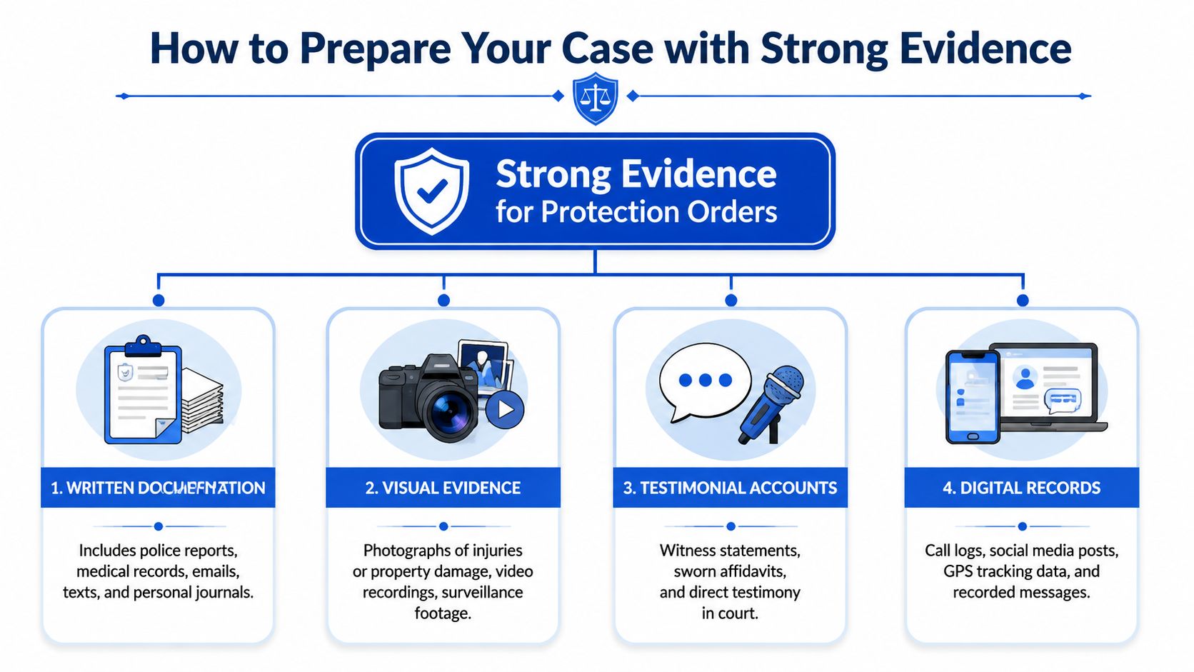 An infographic outlining four categories of strong evidence used to support a legal protection order case.
