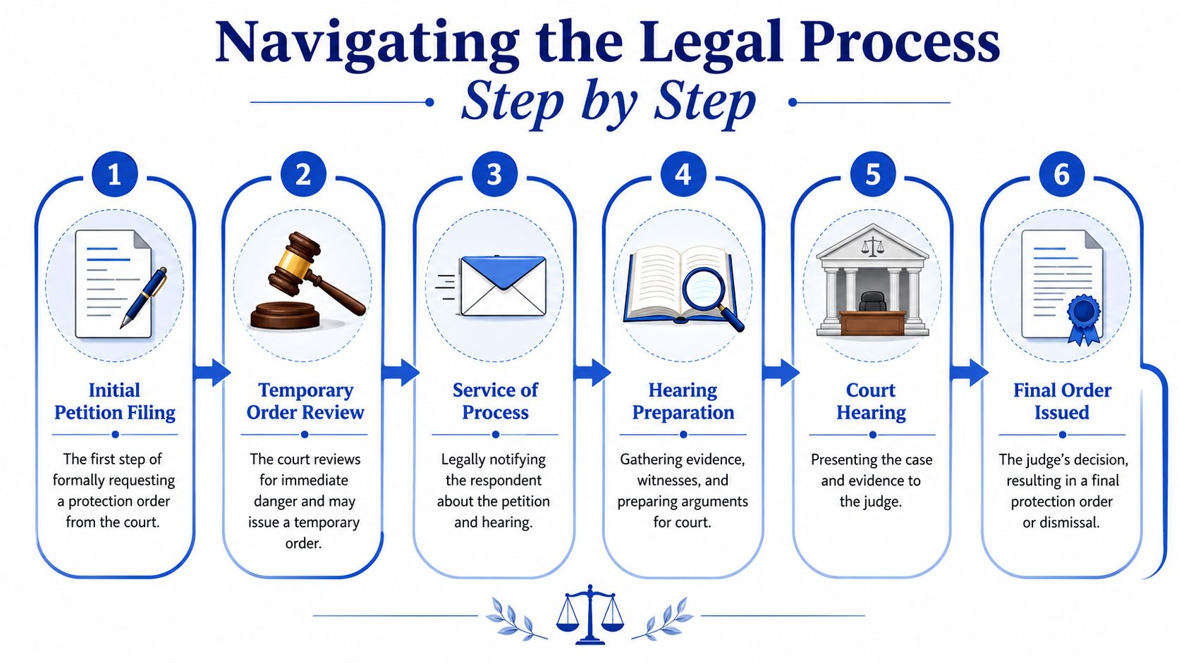 A six-step infographic illustrating the legal process for obtaining a protection order through court procedures.