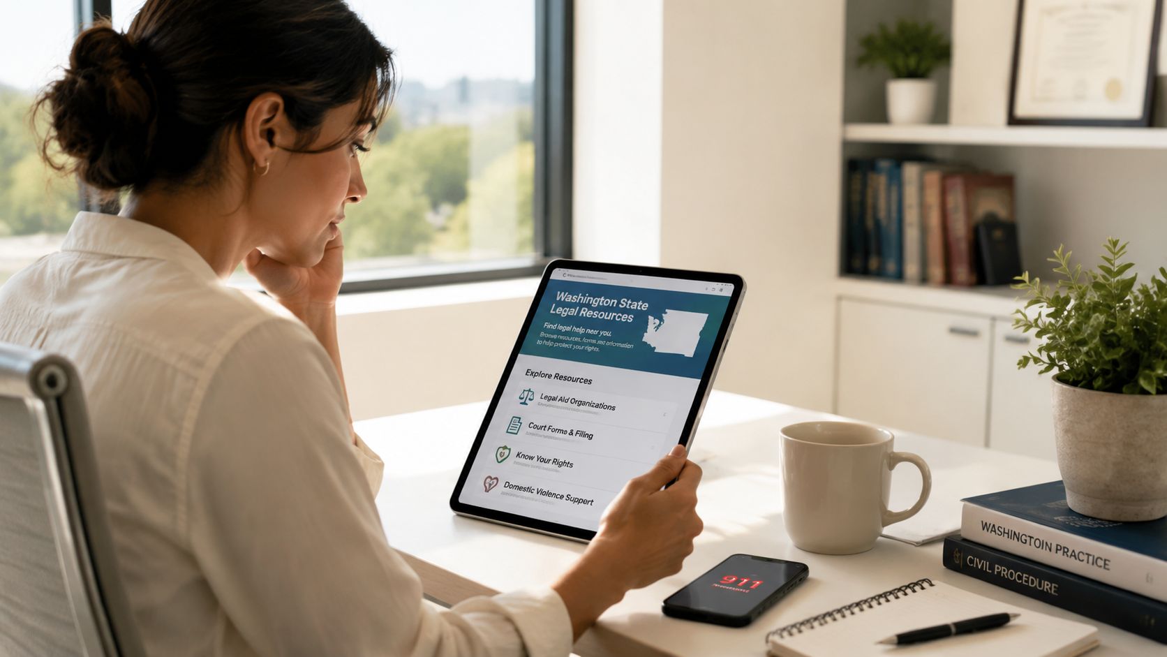 A woman researching legal resources for domestic violence support on a digital tablet in her office.