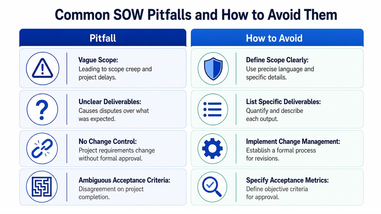 A chart illustrating four common SOW pitfalls and practical ways to avoid them for project success.