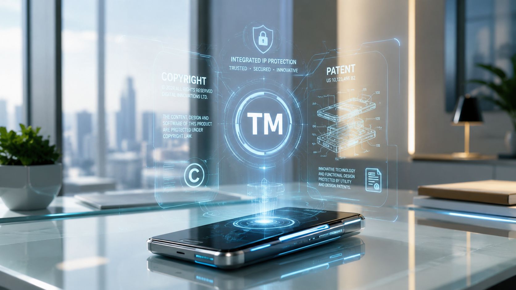 A holographic display above a smartphone illustrating concepts of trademark, copyright, and patent legal protection.