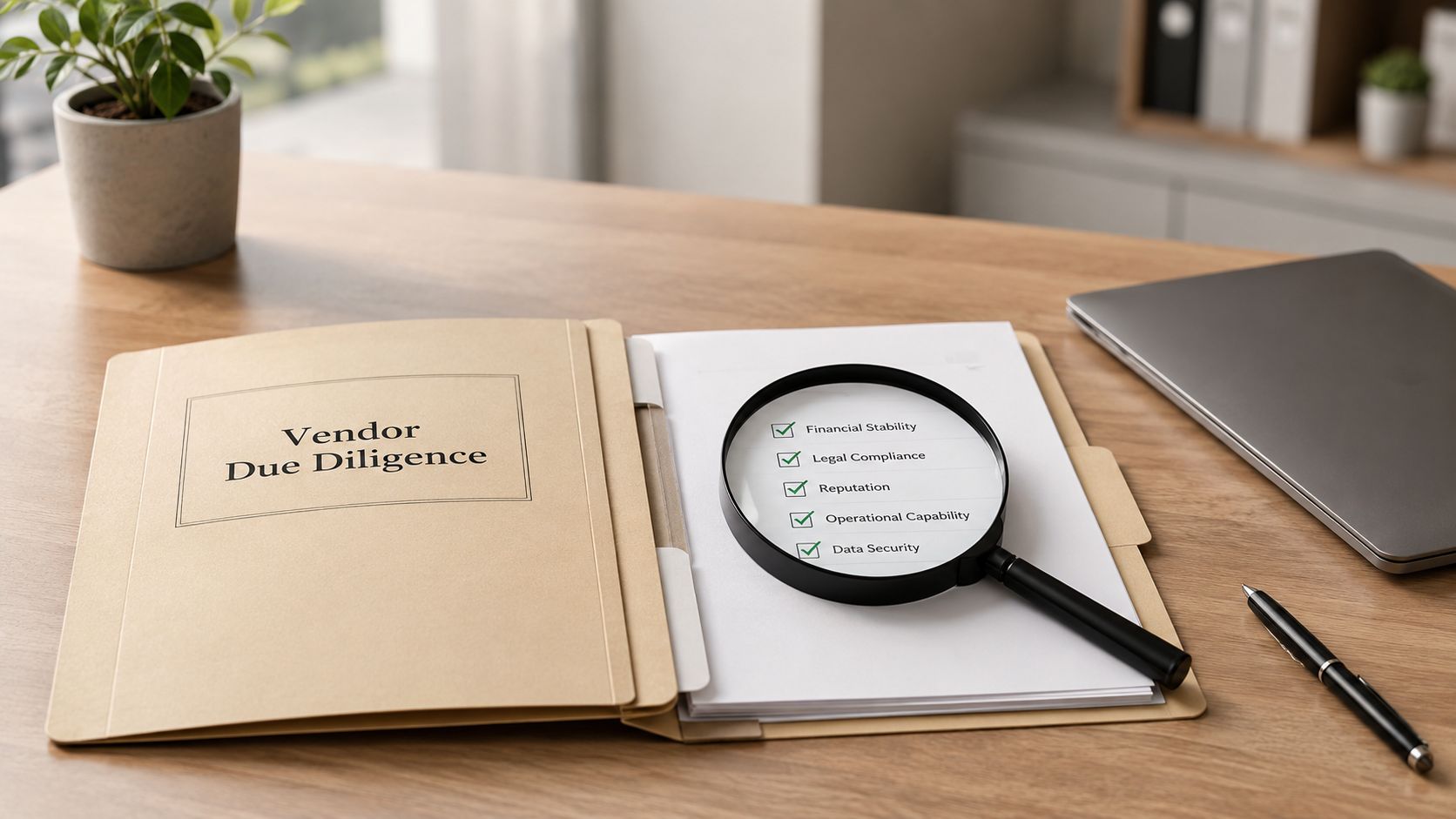 A magnifying glass resting on a checklist for vendor due diligence with all items successfully checked off.