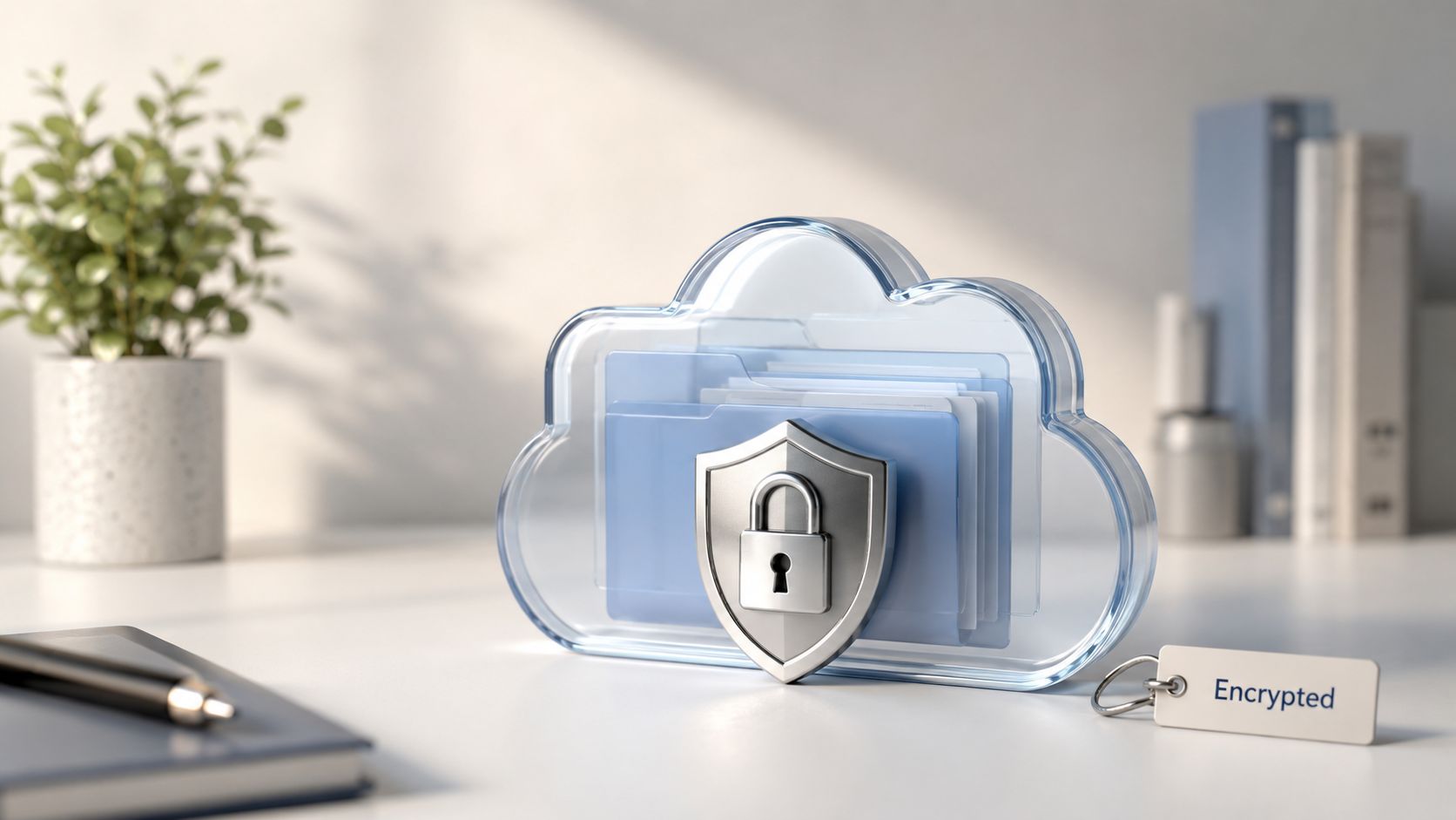 A 3D glass cloud containing blue folders with a security shield and padlock, symbolizing encrypted cloud storage.