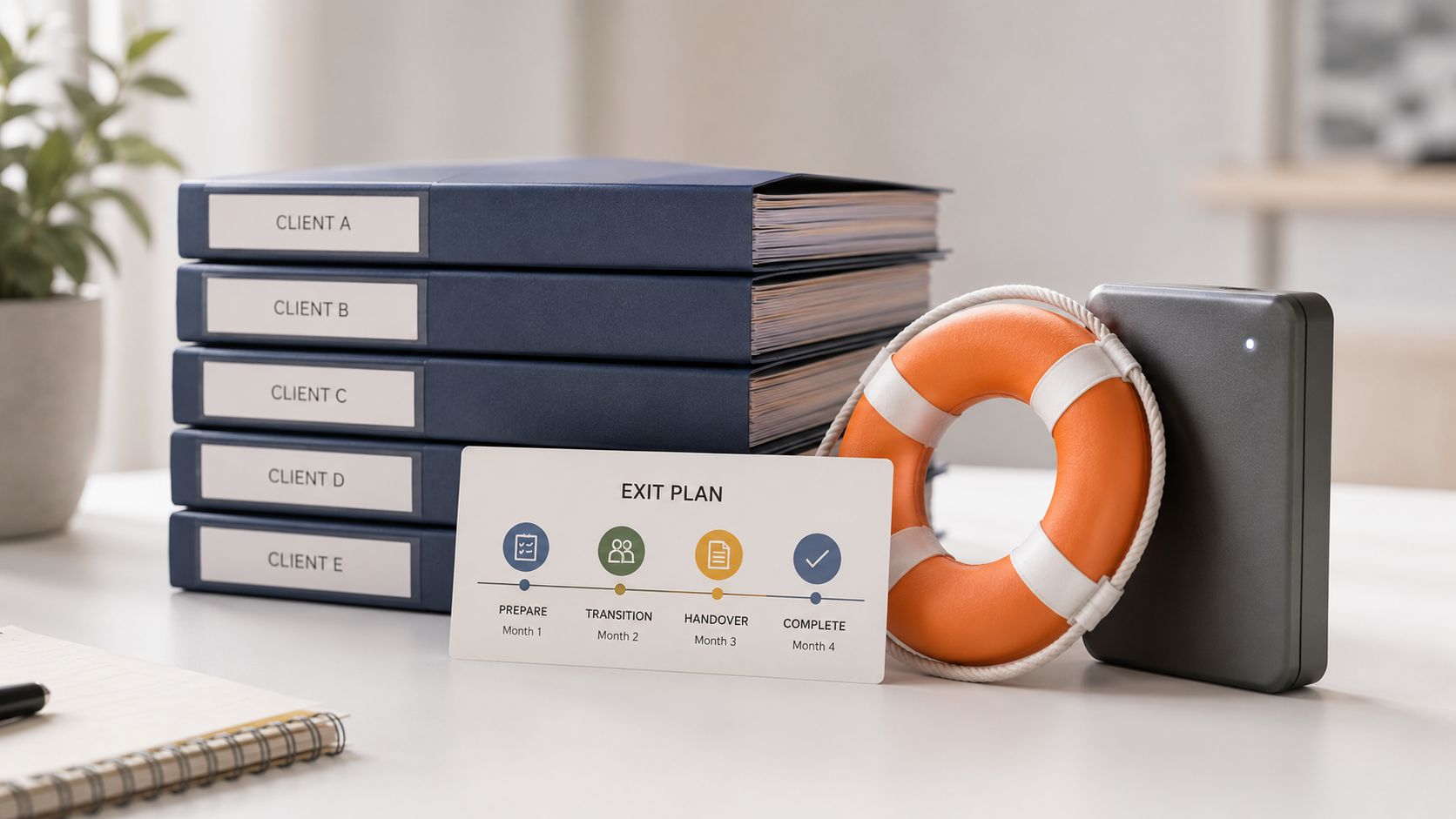 A conceptual desk setup with binders labeled by client, a lifebuoy, and a four-stage exit plan timeline.