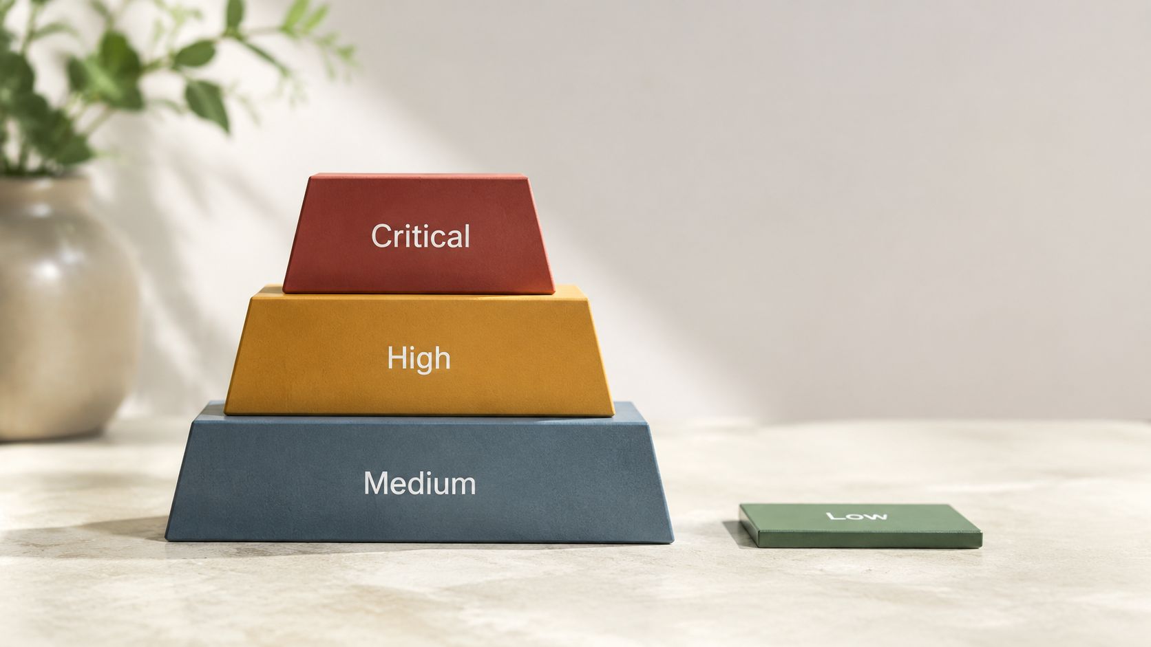 A pyramid of stacked blocks labeled Critical, High, and Medium with a separate Low block nearby.