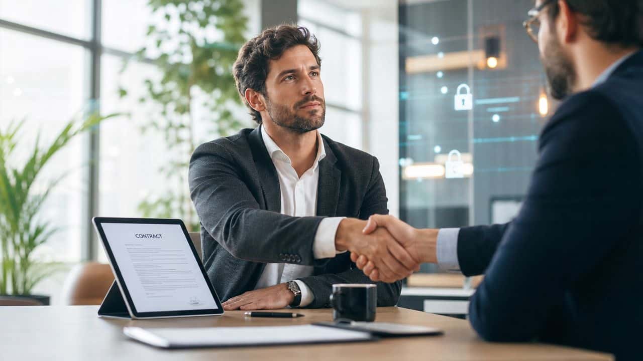 Two professionals shaking hands over a contract on a table during a business meeting in an office.