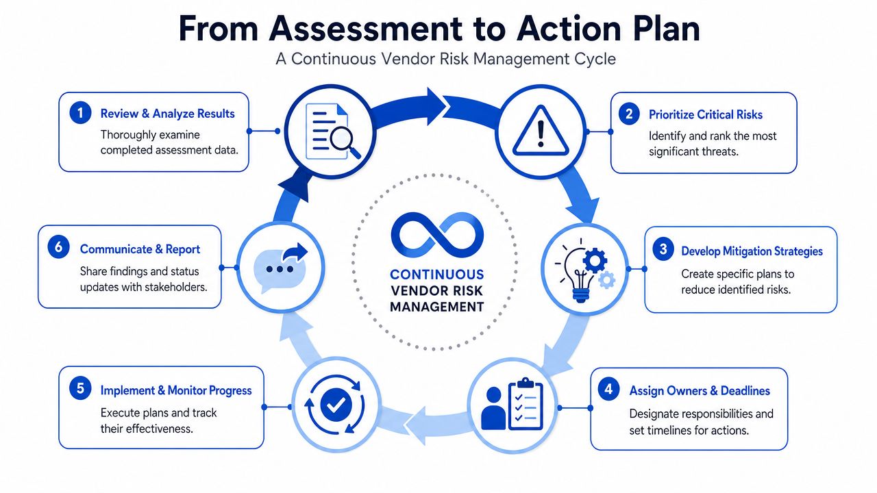 A diagram illustrating the six-step continuous vendor risk management cycle from assessment to action plan.