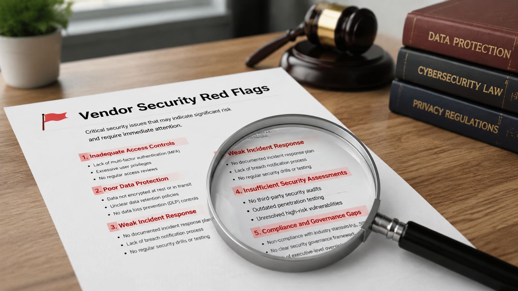 A magnifying glass placed over a document listing vendor security red flags on a desk with books.