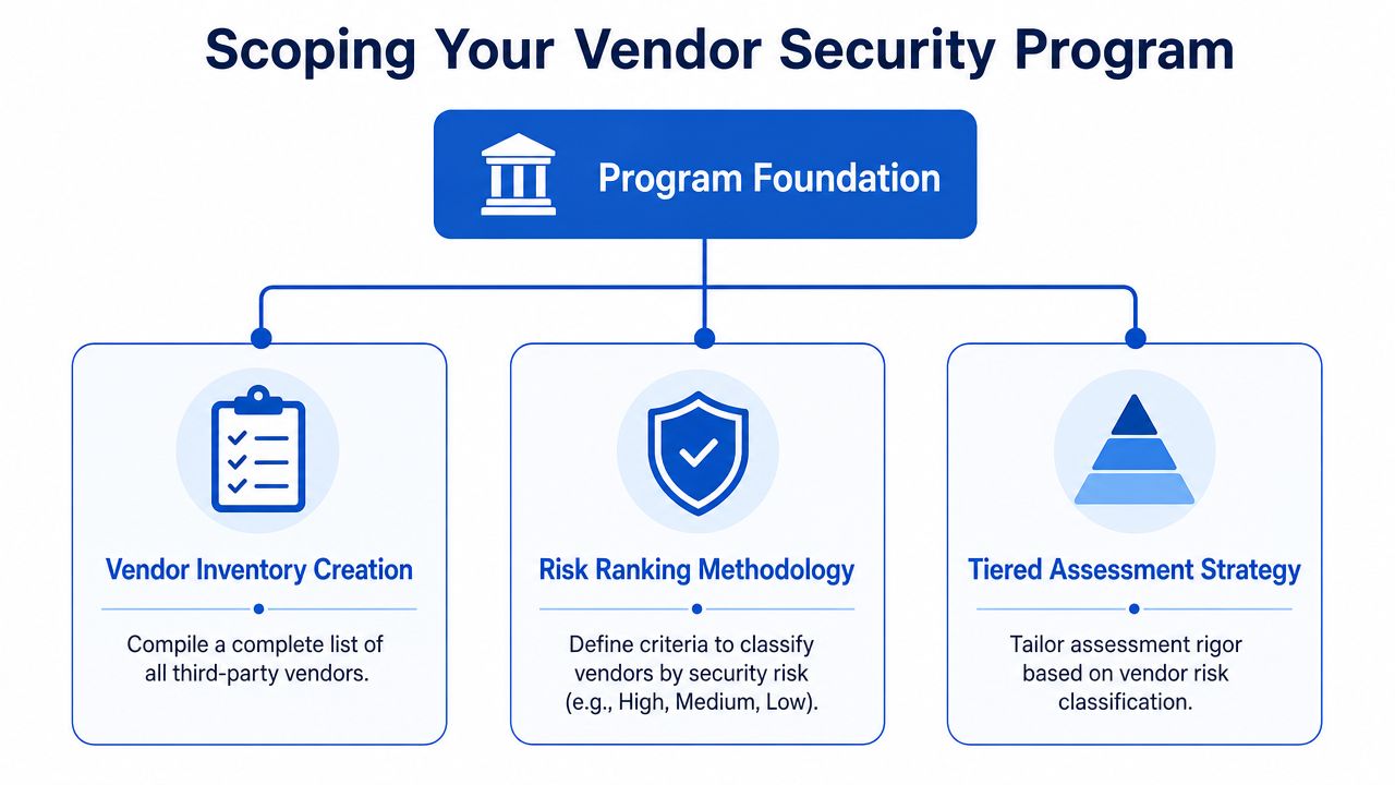 A diagram outlining the three essential steps for scoping a vendor security program including inventory, risk, and assessment.