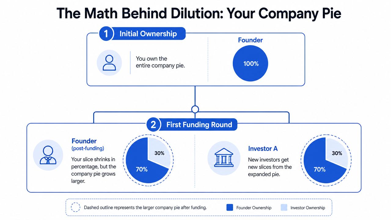 A diagram illustrating equity dilution, showing how a founder's ownership percentage decreases after a company funding round.