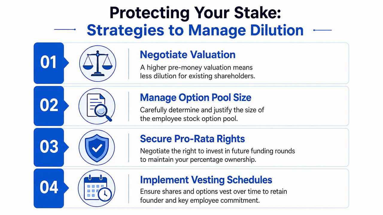 A graphic listing four strategic methods to manage equity dilution for company founders and shareholders.