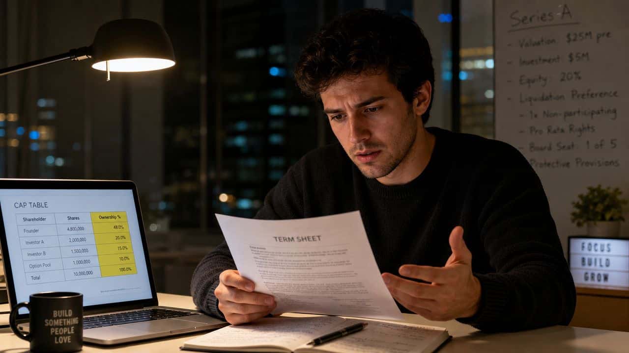 A young entrepreneur looking concerned while reviewing a term sheet and cap table in a dimly lit office.