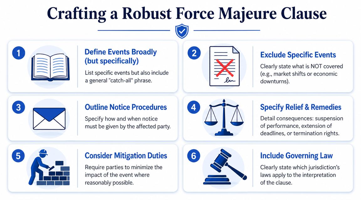 An infographic titled Crafting a Robust Force Majeure Clause with six numbered steps for contract legal protection.