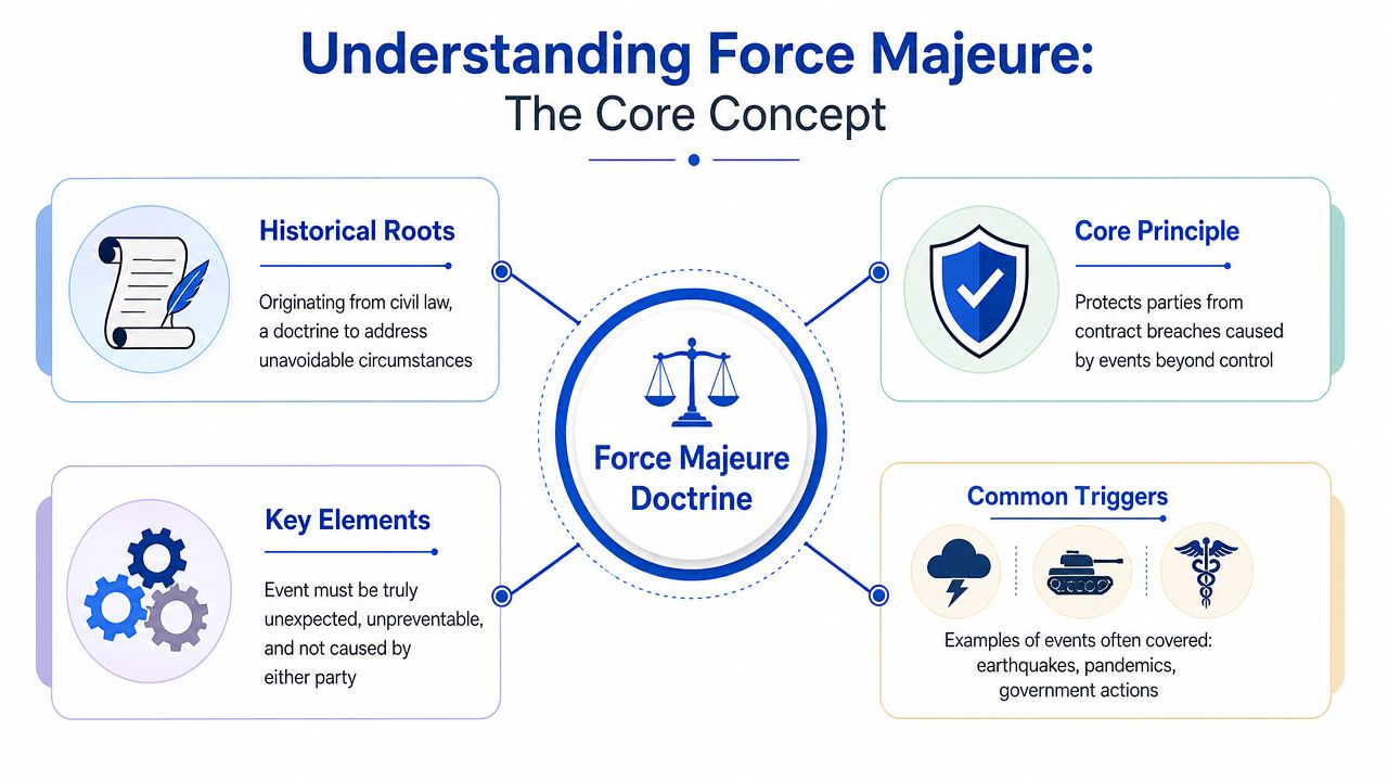 A diagram explaining the Force Majeure doctrine, including historical roots, core principles, key elements, and common event triggers.