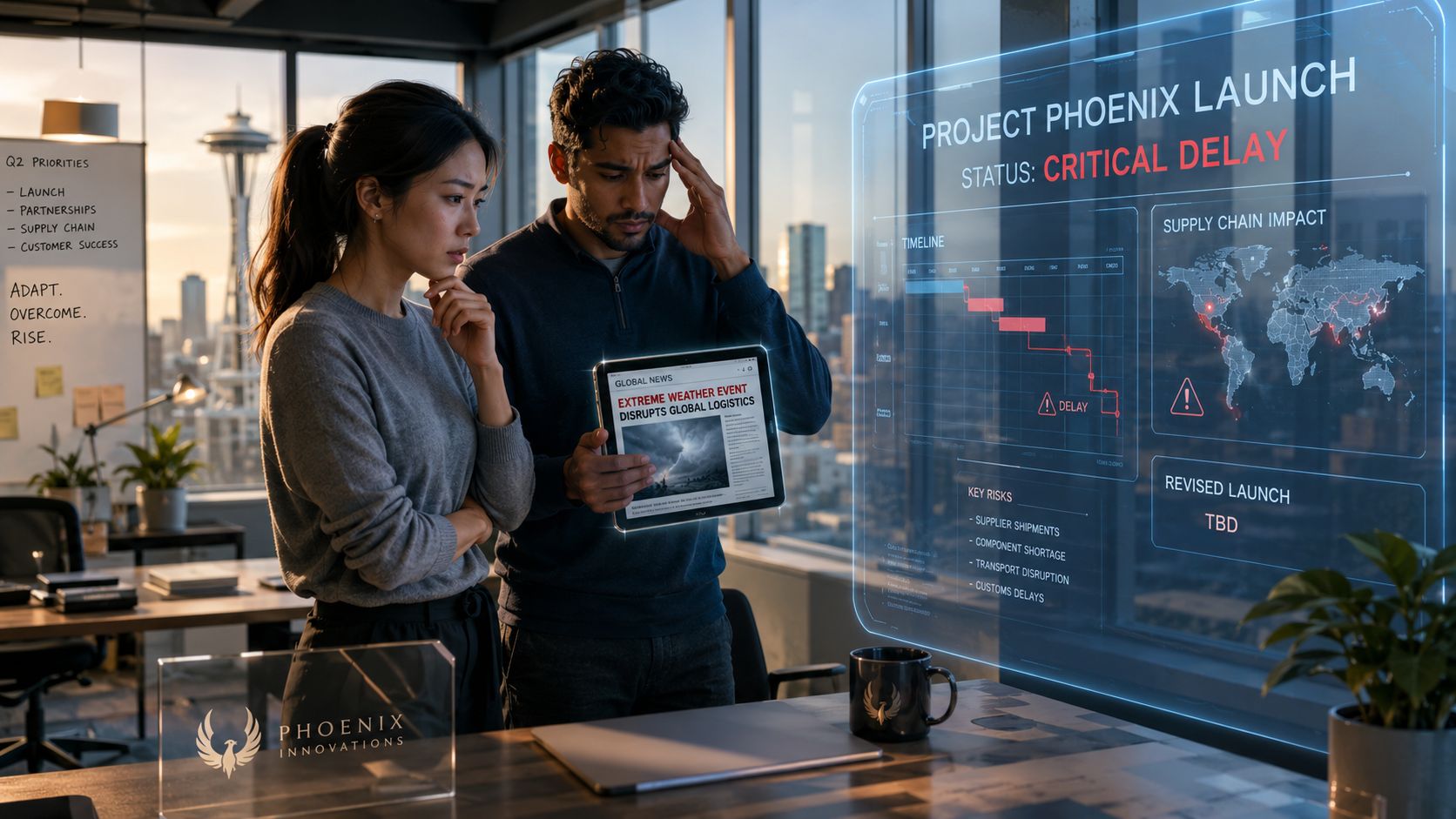 Two professionals analyze a critical logistics delay dashboard in a high-tech office with a city skyline view.