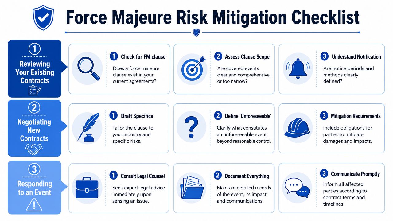 A comprehensive Force Majeure risk mitigation checklist for reviewing, negotiating, and responding to contract events.