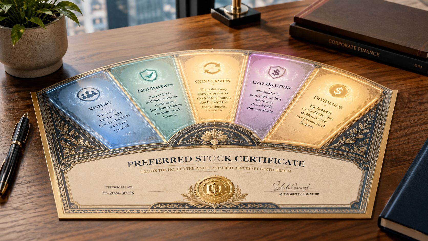 A detailed preferred stock certificate document placed on a desk, highlighting key investor rights and financial benefits.
