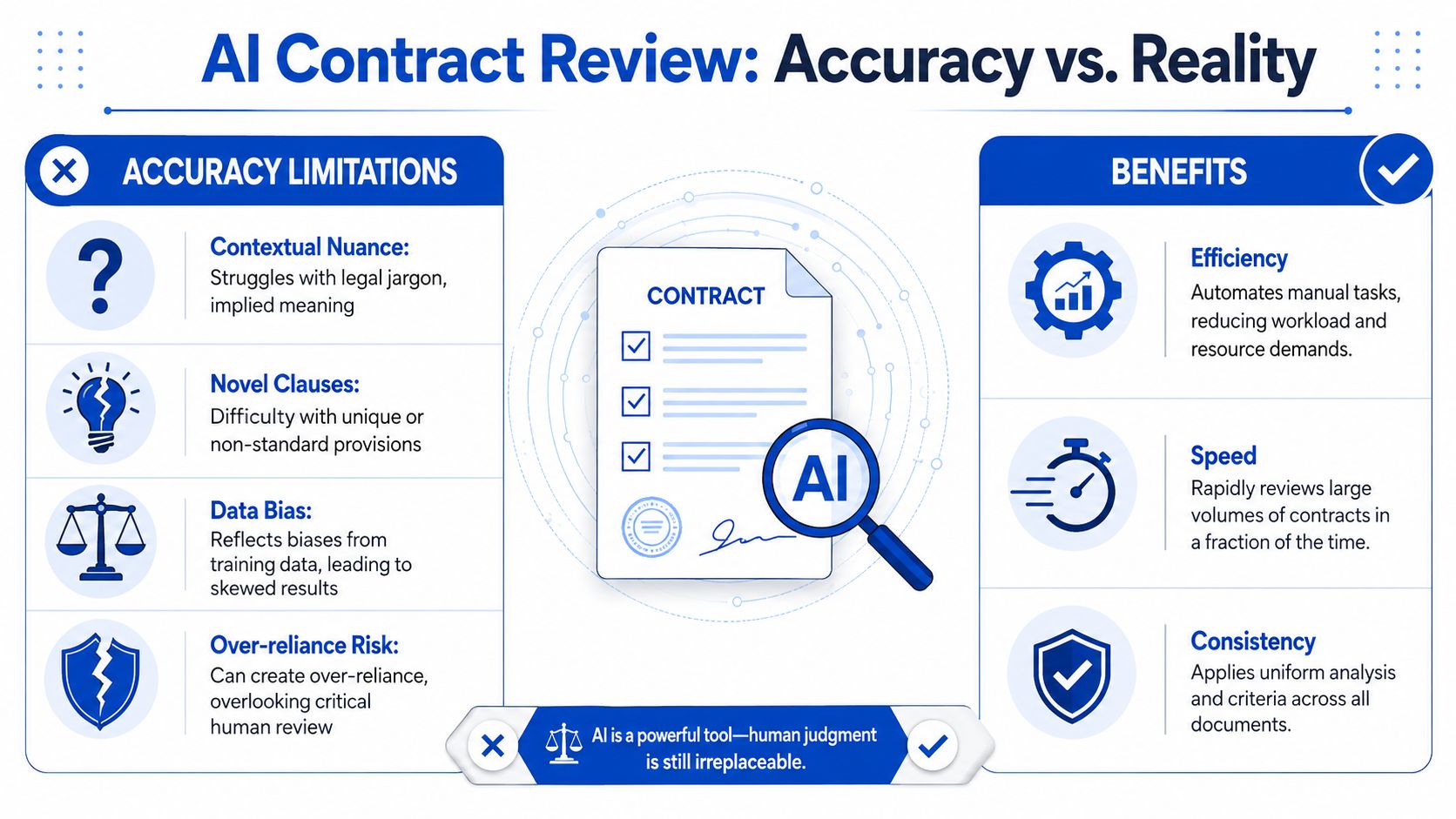 An infographic comparing the accuracy limitations and benefits of using AI for legal contract review.