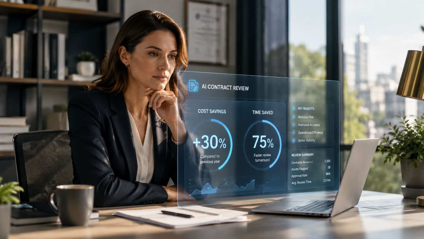 A professional businesswoman reviewing digital contract metrics on a futuristic holographic interface display in an office.