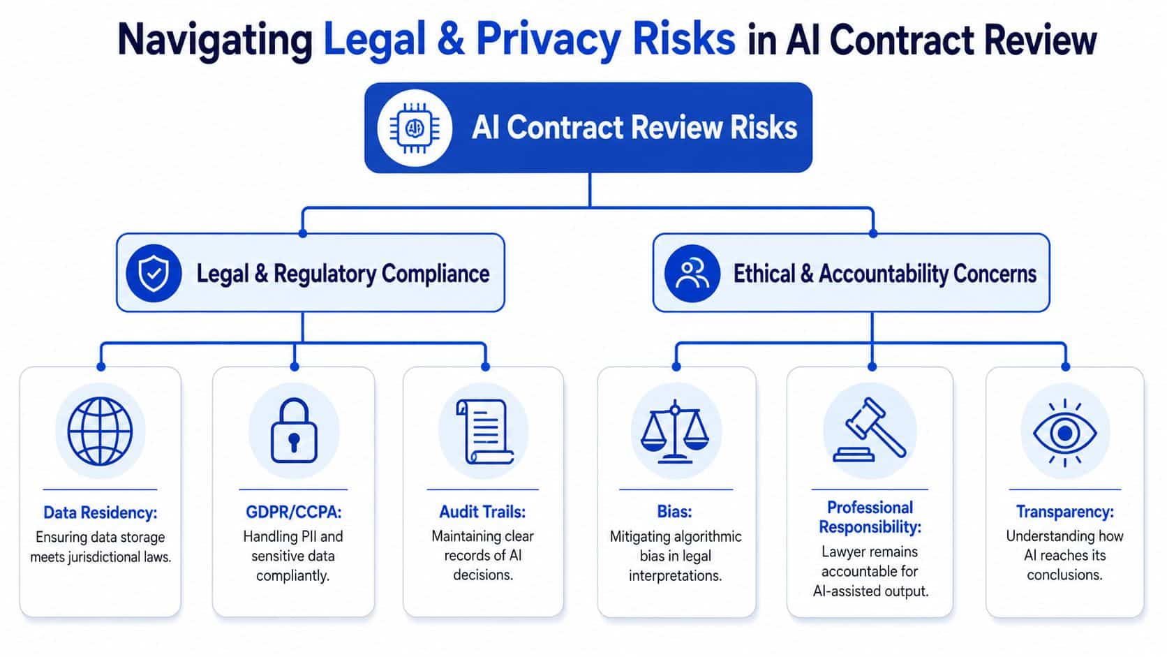 An infographic titled Navigating Legal and Privacy Risks in AI Contract Review showing categories and key considerations.