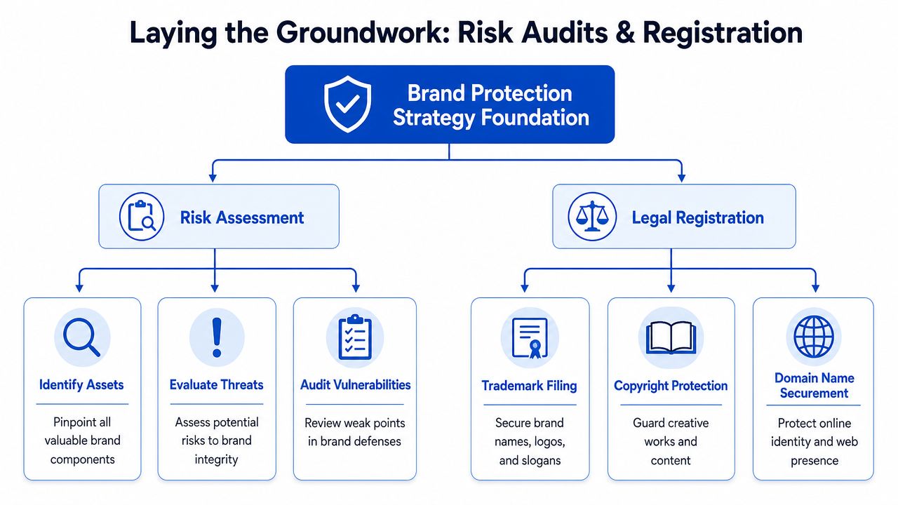 A flowchart detailing the foundational steps of a brand protection strategy, including risk assessment and legal registration processes.