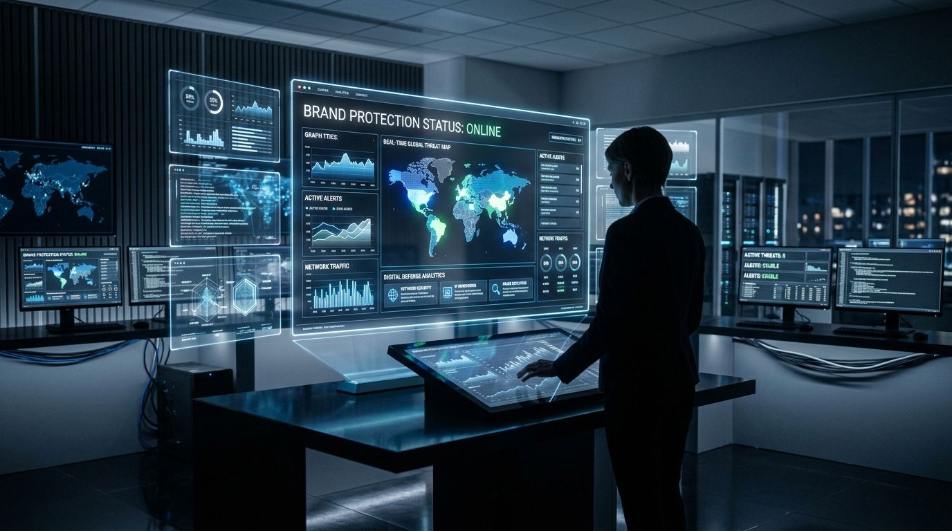 A professional cybersecurity analyst monitors global threat activity on a futuristic digital control panel in a modern office.