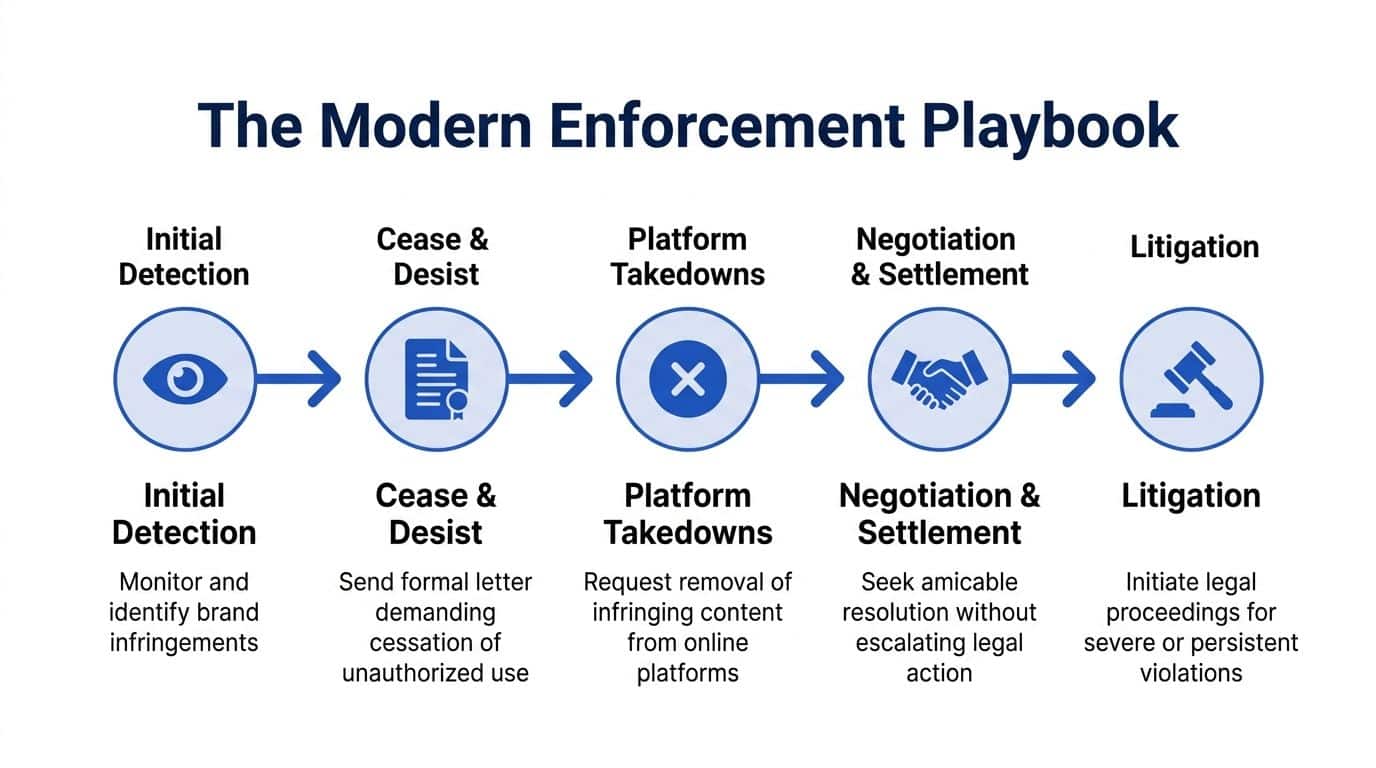 A five-step flowchart illustrating The Modern Enforcement Playbook for managing and mitigating brand intellectual property infringements.