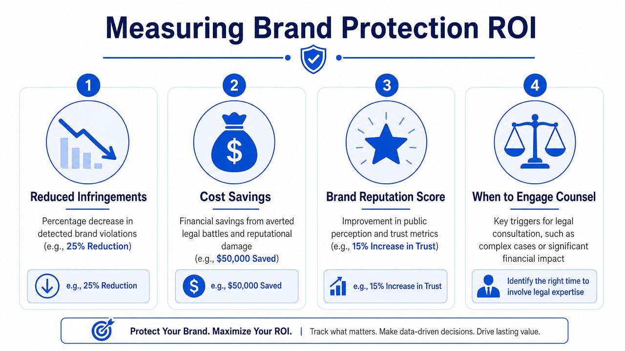 An infographic showing four key metrics for measuring return on investment in brand protection strategies.