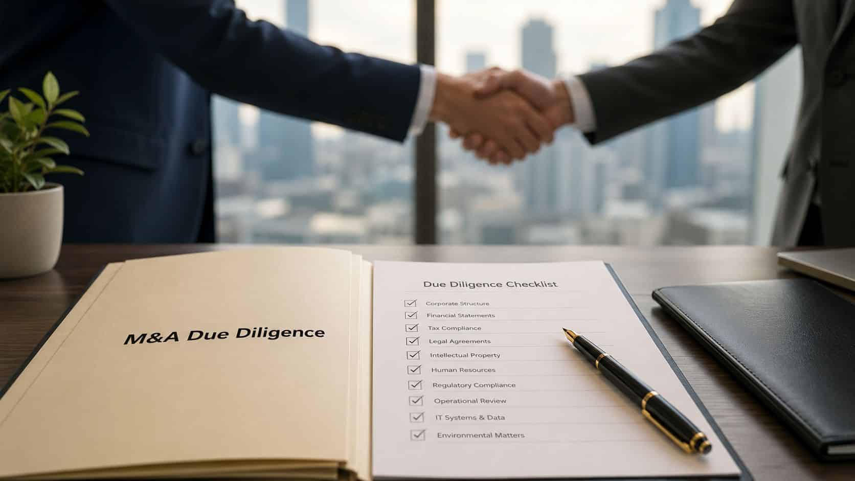 Two professionals shaking hands over a desk with an M&A due diligence checklist document and pen.