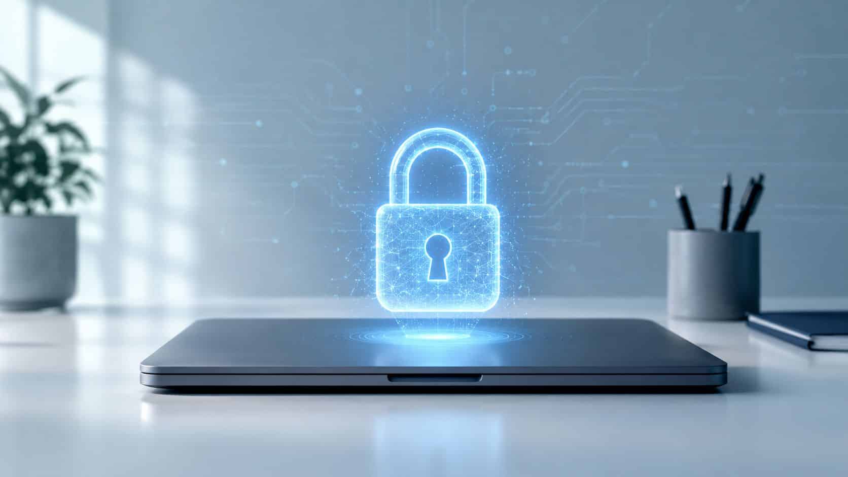 A digital glowing padlock hologram hovering above a sleek closed laptop on a modern office desk.