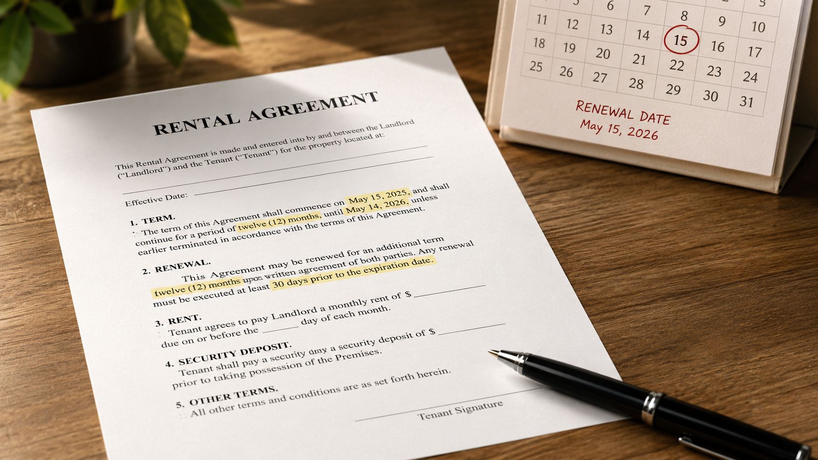 A rental agreement document on a wooden desk with a calendar marked for renewal in May 2026.