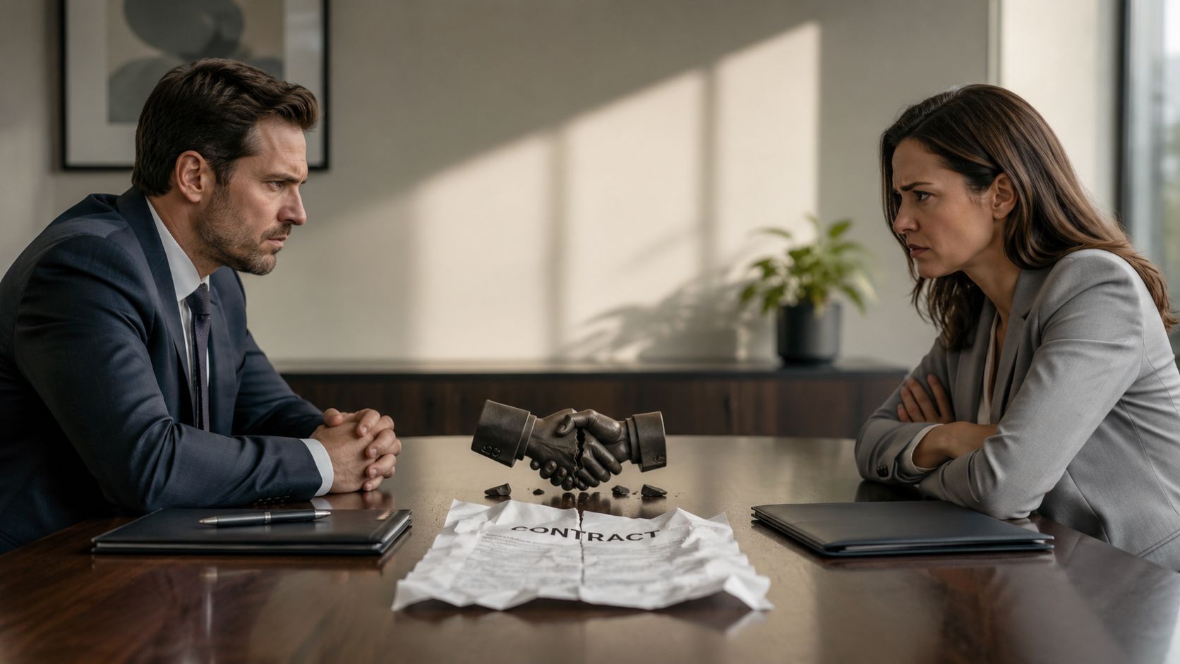 A man and woman in business attire looking sternly at a broken statue of a handshake.