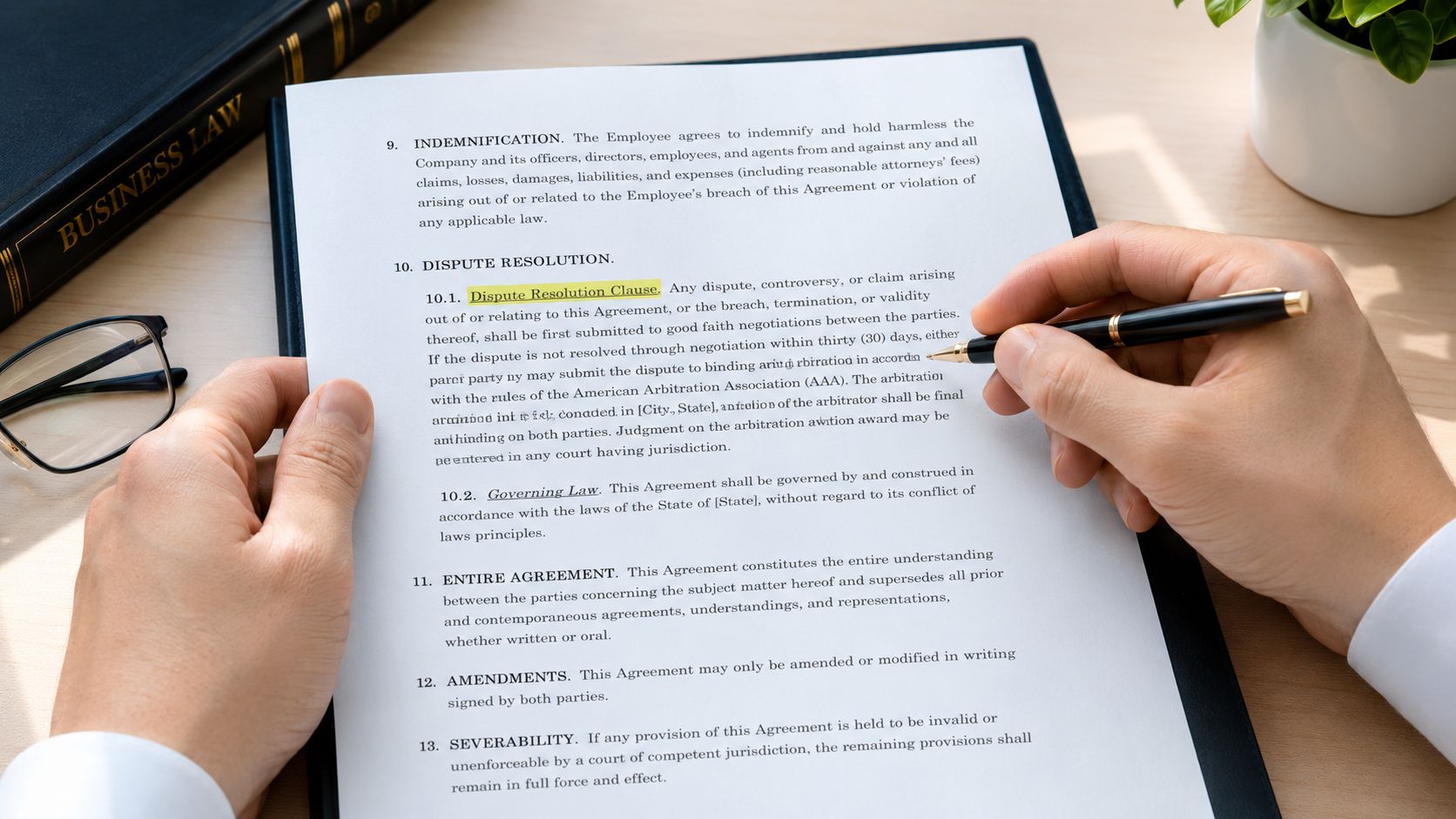 A person reviews a legal contract document about dispute resolution while sitting at a desk.