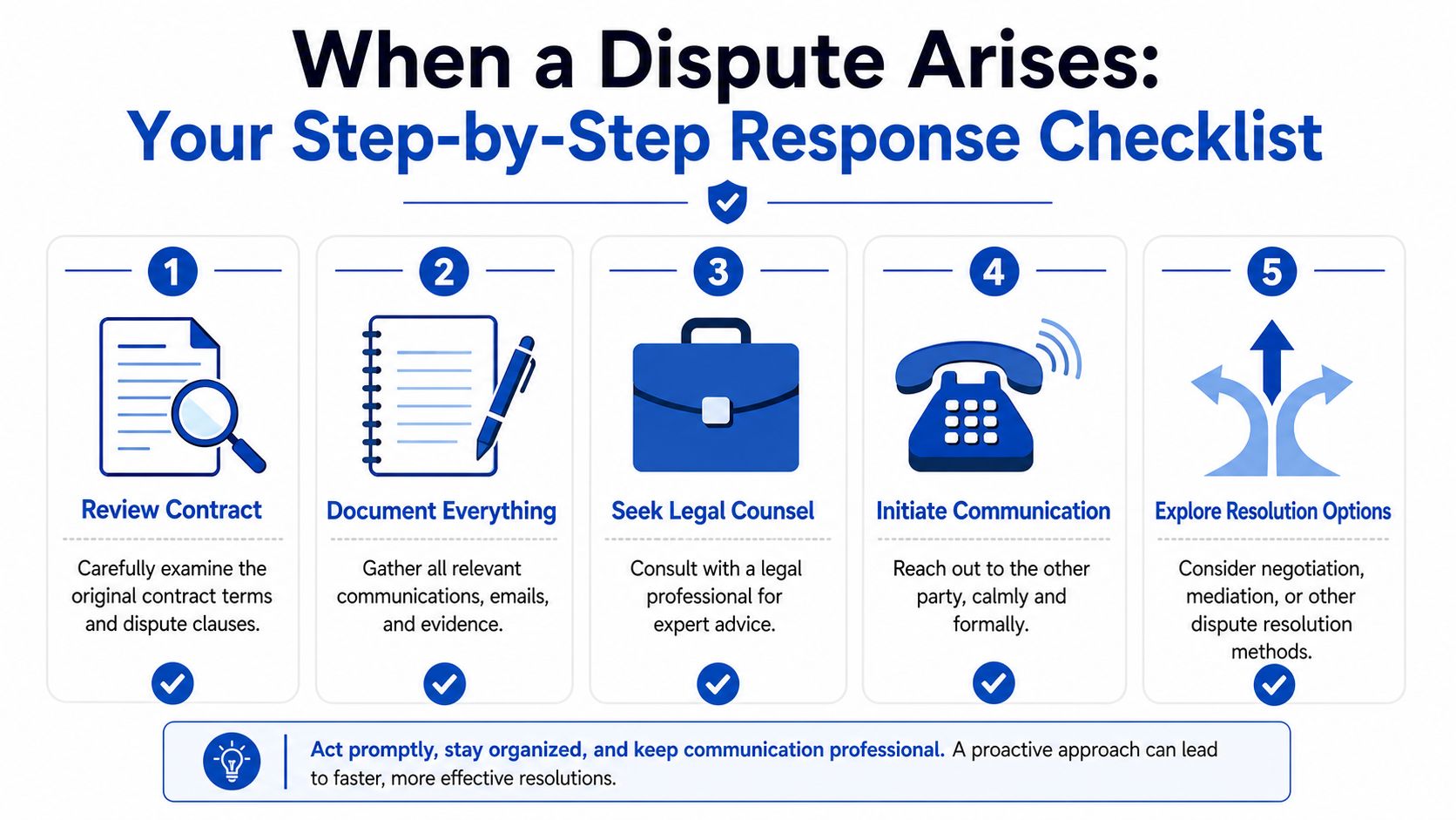 A step-by-step checklist infographic showing five essential actions to take when a contract dispute arises.