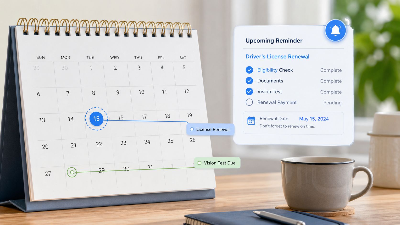 A digital calendar and notification window showing upcoming driver's license renewal tasks and deadlines on a desk.