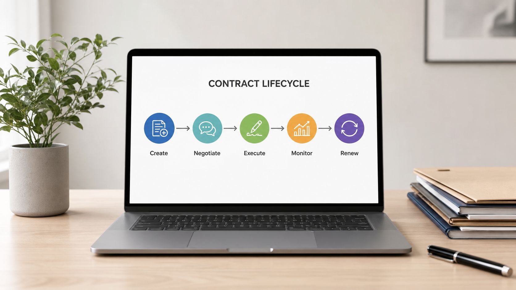 A laptop screen displaying a five-step contract lifecycle process diagram on a wooden office desk.