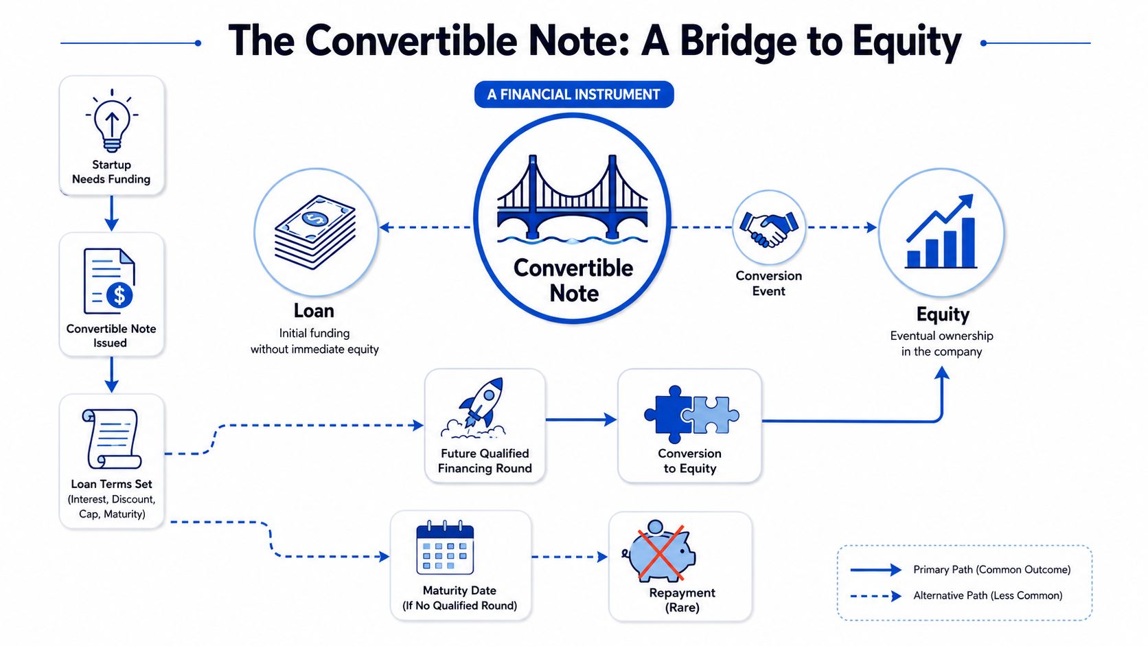 A diagram illustrating the convertible note process as a bridge from initial loan funding to company equity ownership.