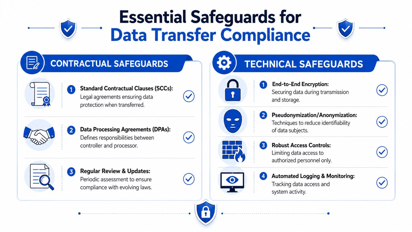 A visual guide outlining essential contractual and technical safeguards for ensuring secure and compliant cross-border data transfers.