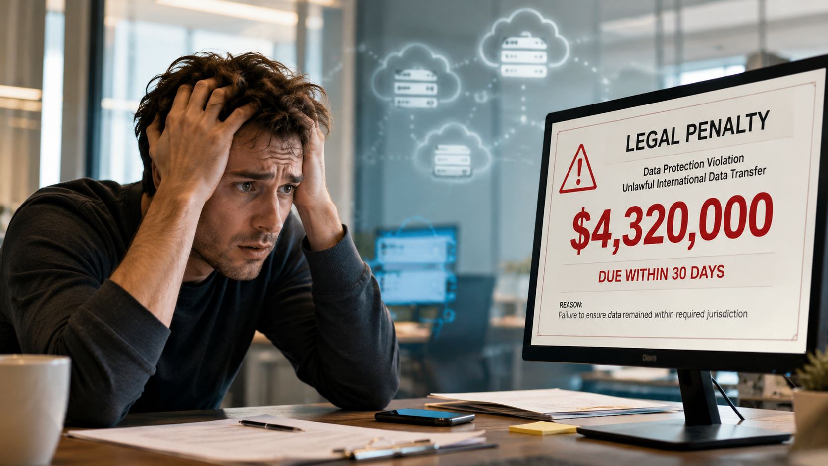 A stressed man sitting at a desk looking at a computer screen showing a legal penalty notification.