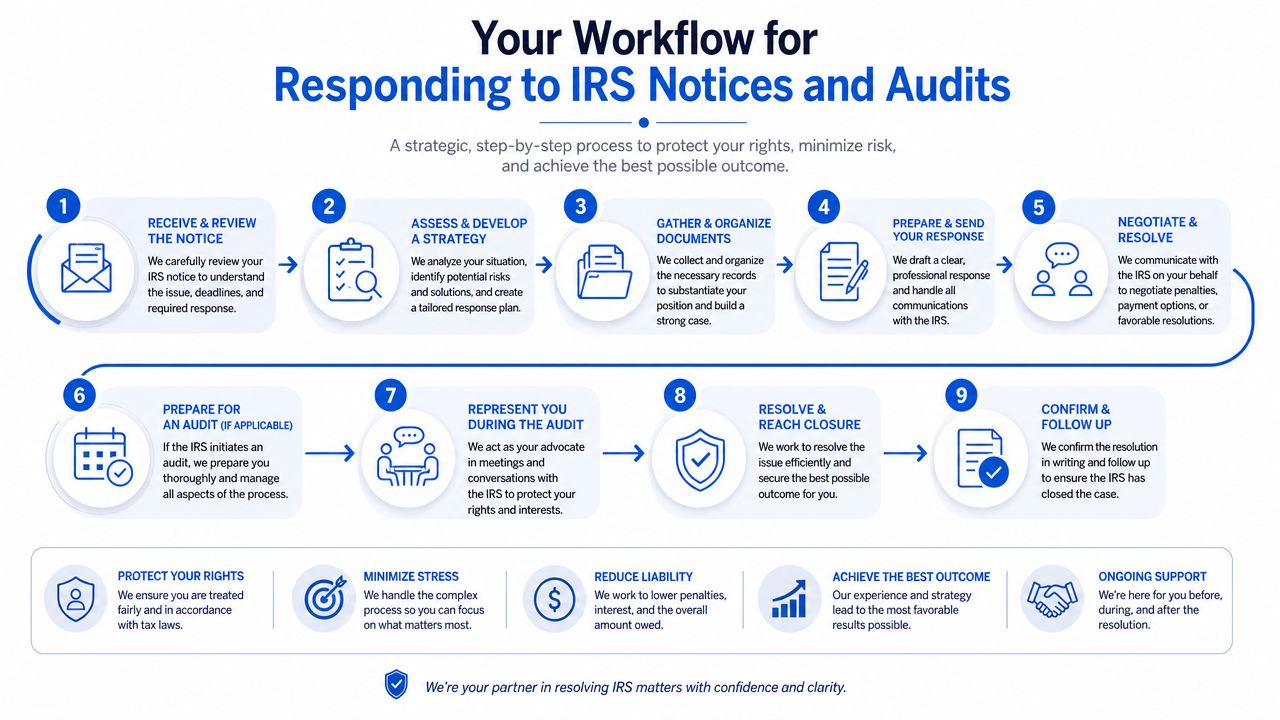 A nine-step infographic outlining a strategic workflow for resolving IRS tax notices and audits professionally.