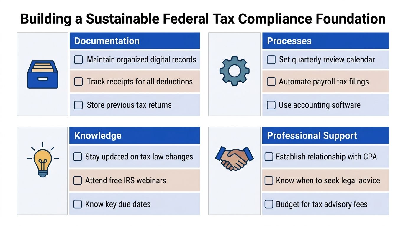 A checklist diagram titled Building a Sustainable Federal Tax Compliance Foundation, covering documentation, processes, knowledge, and support.