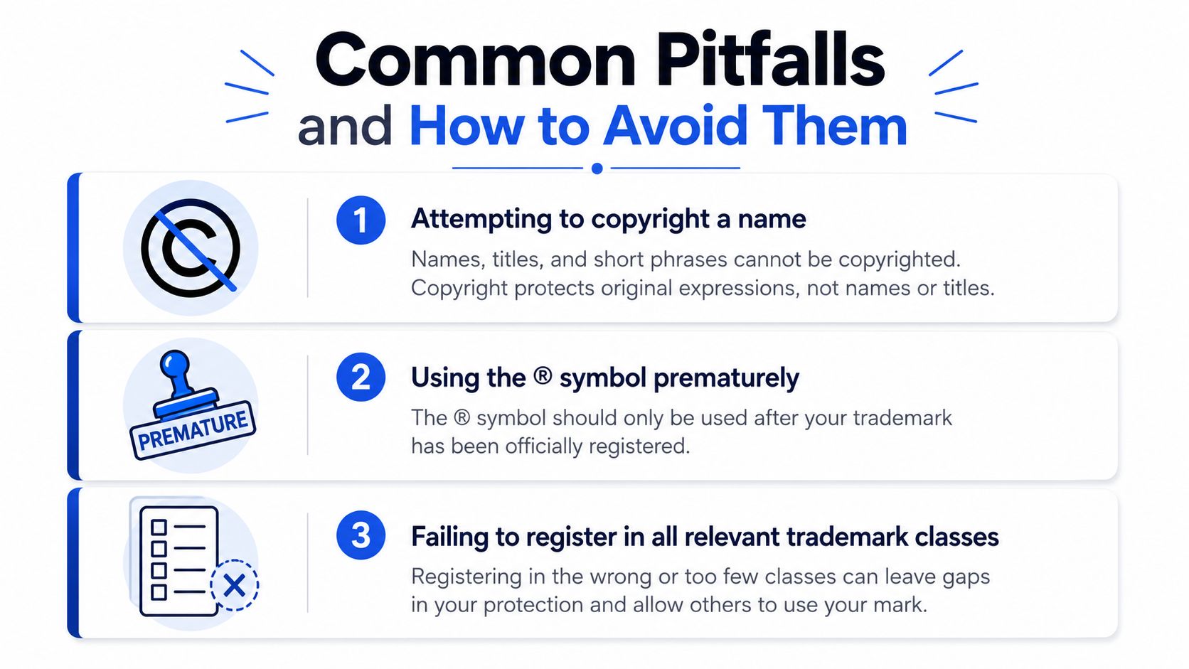 A list of three common trademark and copyright pitfalls with icons illustrating incorrect practices.